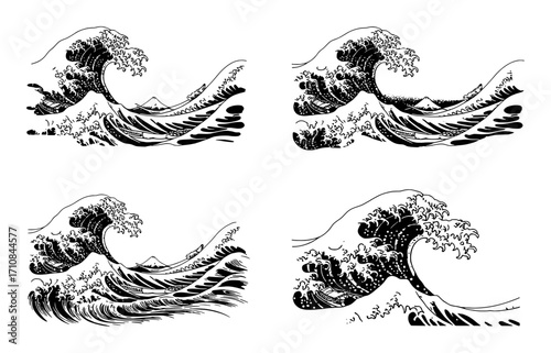 Four Black and White Illustrations of Japanese Great Waves