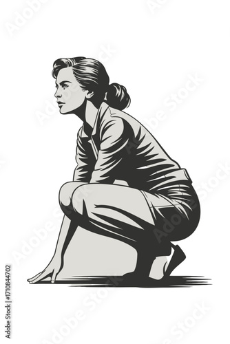 Focused woman in vintage style clothing crouches low, intently observing something unseen.