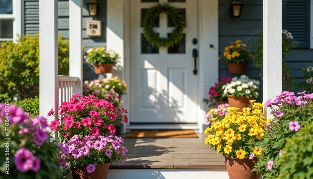 Fototapeta premium Potted flowers in vibrant pink yellow and white hues adorn a welcoming porch with a white door and green wreath. Sunlight casts shadows on the wooden deck. Home exterior with blooming plants.