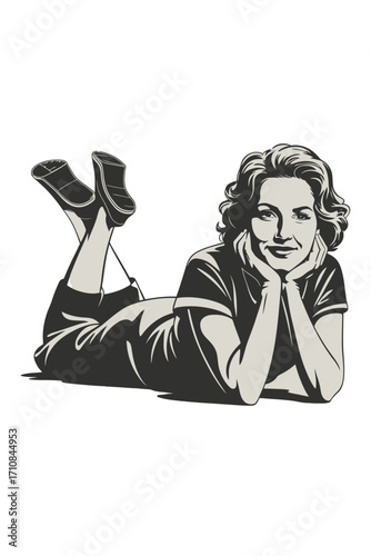 Stylish woman in retro attire relaxes with a confident smile, evoking vintage charm and elegance.