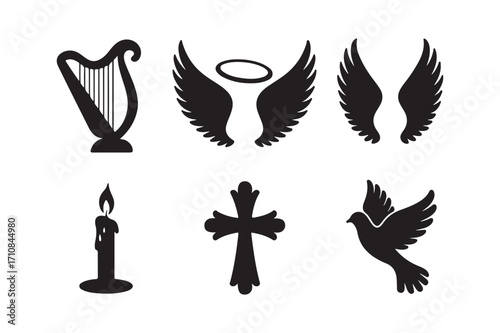 Collection of angelic and religious symbols in black silhouette