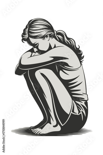 Young girl curled up, looking down with a pensive, withdrawn expression.