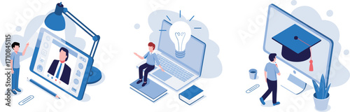 Online learning, digital education, e-learning platform, virtual classroom, remote study, online courses, academic training, technology in education, isometric design, modern education concept
