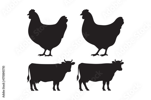 Farm animal silhouettes of chickens and cows