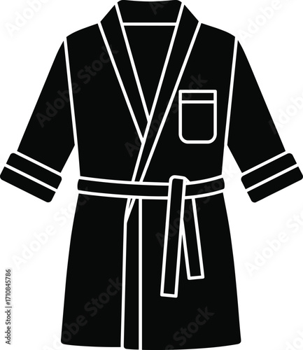 Black bathrobe silhouette, spa clothing icon, bathroom wear illustration, luxury robe vector, sleepwear symbol, relaxation garment, loungewear 