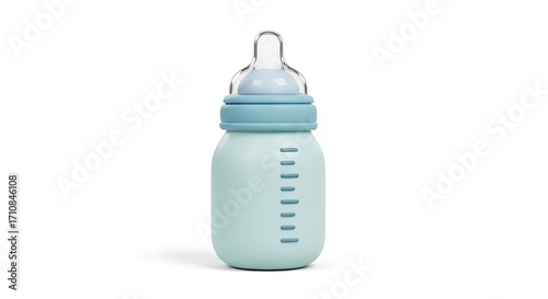 A light teal baby bottle with a clear nipple stands out against a plain white background.