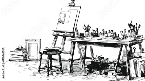Professional Artist Studio Setup with Easel, Brushes, and Hand Sketching