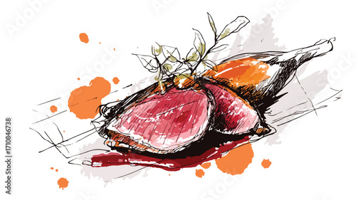 Elegant Gourmet Duck Breast Sketch with Orange Slices for Culinary Concept