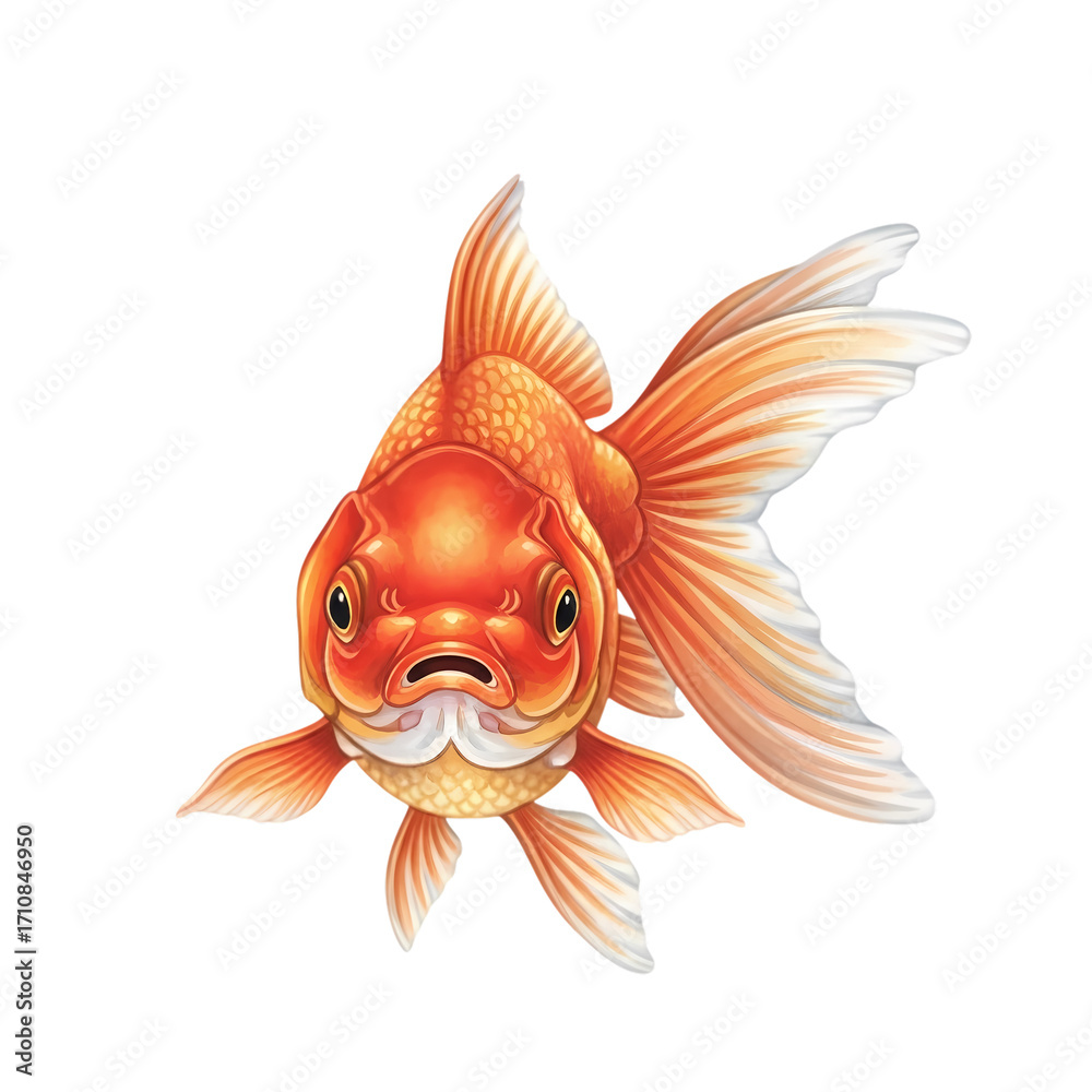 Fototapeta premium An exquisite illustration of a vibrant goldfish, meticulously captured with striking detail and color. The goldfish, a symbol of luck and prosperity, is rendered with photorealistic accuracy.