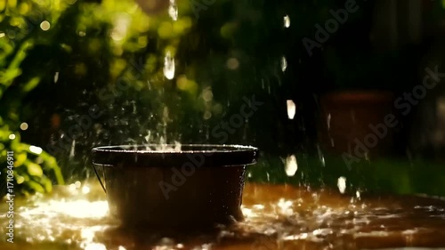 Water cascading into a dark-colored bucket, creating dynamic splashes and reflections.