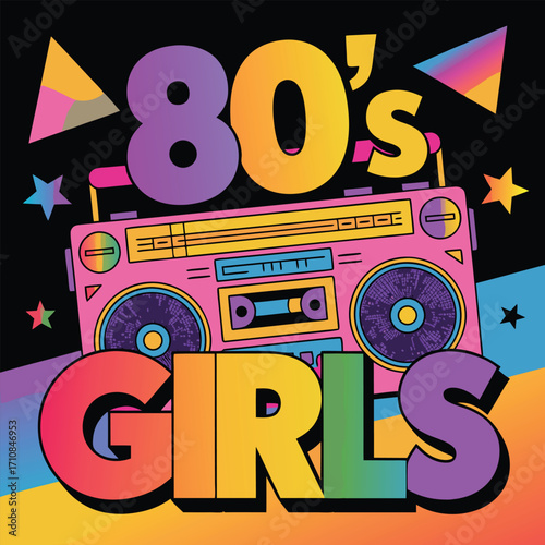 Vibrant retro boombox and girls text 1980s cassette tape