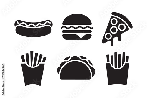 Collection of six classic fast food icons in black silhouette