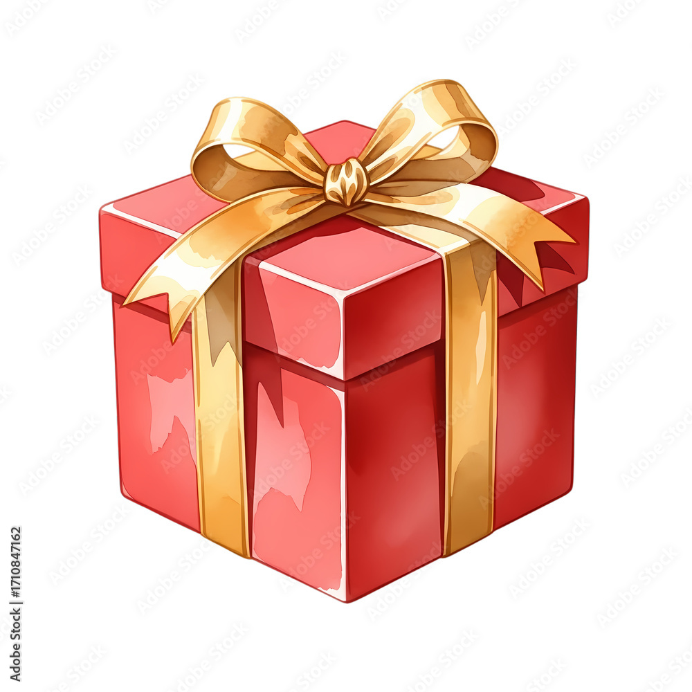 Obraz premium A vibrant red gift box, adorned with a golden ribbon and bow, poised as a symbol of joyous gifting and celebration, presented in an elegant and appealing style.