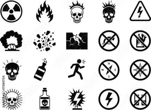 Danger warning icons set, toxic hazard symbols, radiation sign, fire risk, electrical shock danger, explosive hazard, poison safety illustration