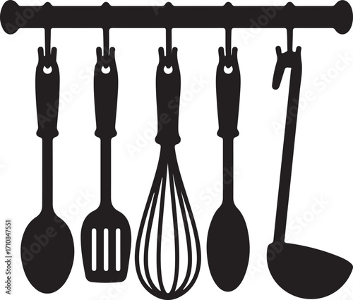 Silhouette of a hanging kitchen rack with utensils isolated on white background