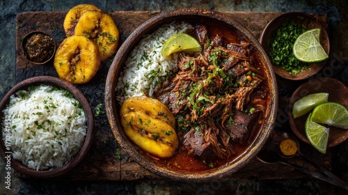 Beautifully Styled Cuban Food Photography Featuring Tender Meat, Rice, Plantains, and Fresh Lime on Rustic Wooden Table