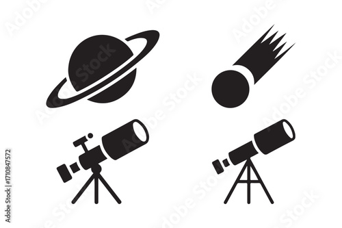 Simple black icons of space objects and telescopes