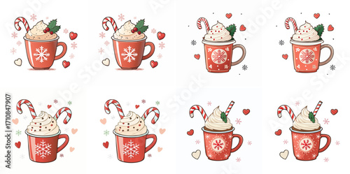 Peppermint Mocha Vector Set — Festive Holiday Coffee Illustrations with Candy Canes and Whipped Cream