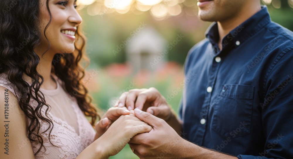 Fototapeta premium Young couple exchanging rings during engagement in garden at sunset 