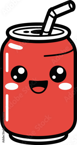 Vector art of cute cartoon soda can adorable soda can with big eyes and a straw is smiling vector illustration of a happy soda can