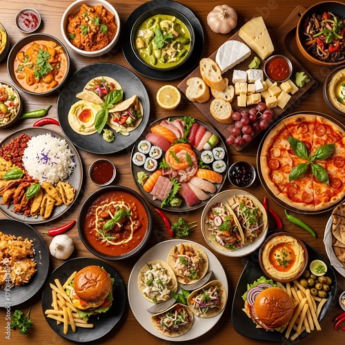 A high-angle, full shot showcases a diverse array of global cuisine, including sushi, tacos, Indian dishes, pizza, and burgers, arranged attractively on a dark wooden surface.
