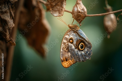 A beautiful macro shot of a brown butterfly with striking wing patterns resting on a green leaf in nature