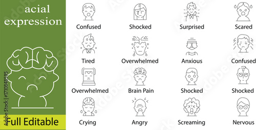 Facial Expressions Vector Icons: Confused, Shocked, Surprised, Scared, Tired, Overwhelmed, Anxious, Crying, Angry, Screaming, Nervous Line Art Set