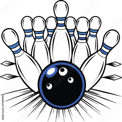 Cartoon Bowling Ball and Pins with Motion Lines illustration