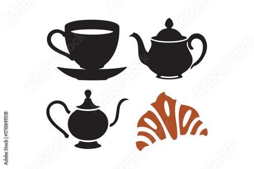 Tea time silhouette with croissant and teaware