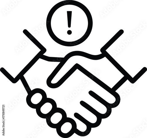 handshake with exclamation mark outline vector icon. avoiding handshake concept
