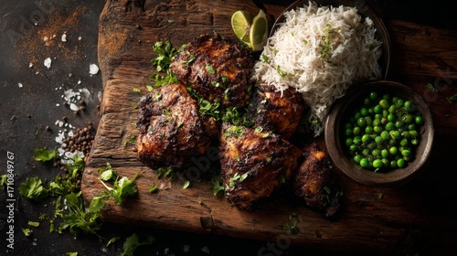 Beautifully Styled Jamaican Cuisine Featuring Grilled Chicken, Rice, and Green Peas on Rustic Wooden Table