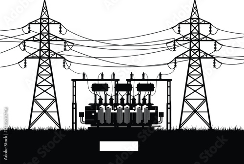 High voltage electricity transmission substation with power lines, transformers, pylons, energy distribution system, electrical grid infrastructure, black silhouette illustration