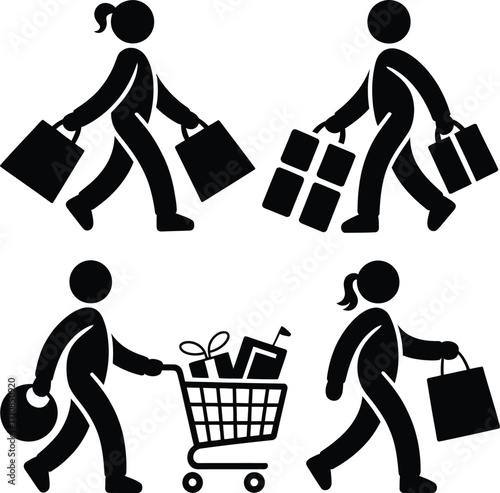Customer Shopping Icon Pack – Silhouettes of Bags, Boxes & Cart Movement