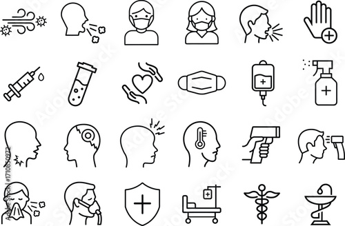Viral Infection outline icons set. Viral Illness Symptom vector outline icon illustration set