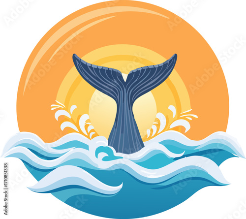 A whale's tail emerges from the ocean waves with a vibrant sunset in the background.