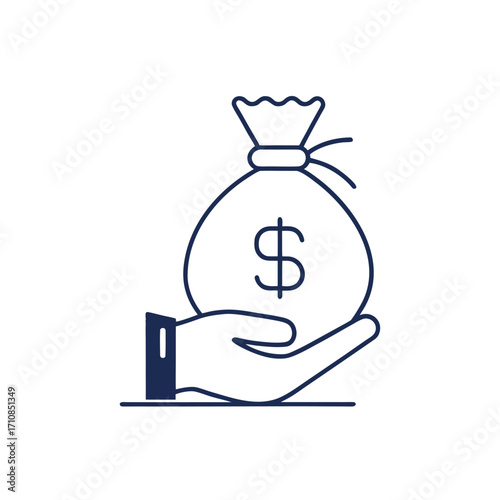 Vector line icon of money bag over outstretched hand, money bag icon
