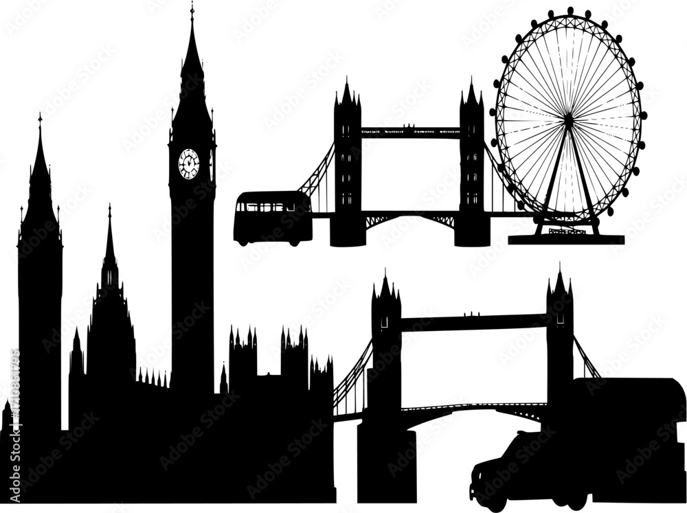 Naklejka premium Set of iconic london silhouettes including big ben and horse carriage 