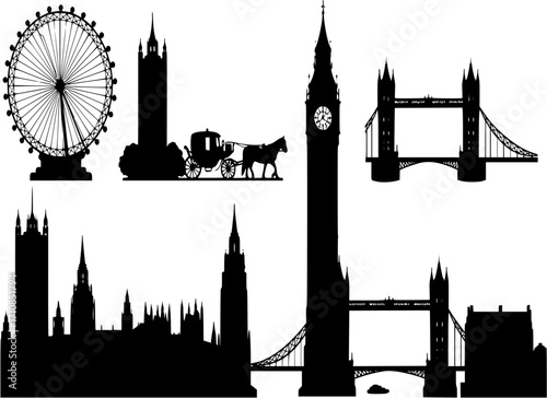 Set of iconic london silhouettes including big ben and horse carriage

