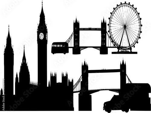 Set of iconic london silhouettes including big ben and horse carriage
