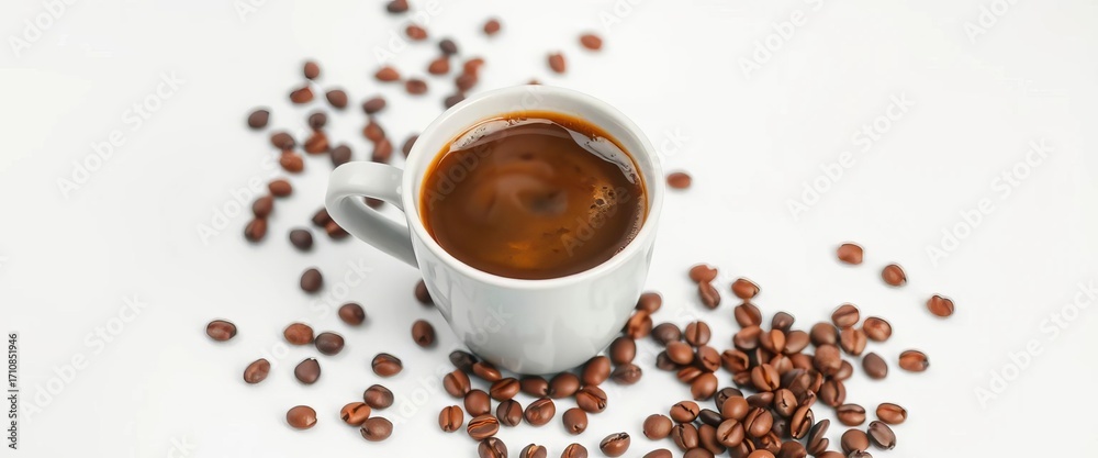 Fototapeta premium A steaming cup of delicious beverage beside scattered coffee beans on a pristine white background, aroma, spill