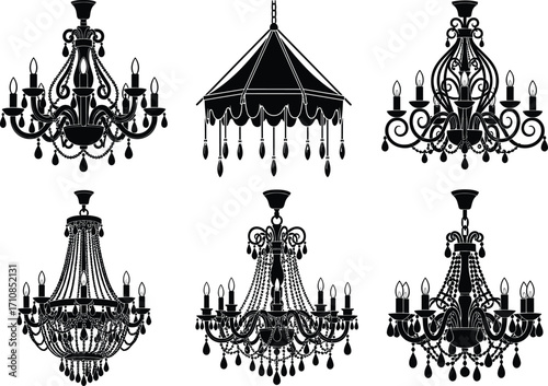 Luxury chandelier silhouette collection with crystal lamp design, elegant ceiling lighting, vintage style hanging lamps, interior decoration vector illustration