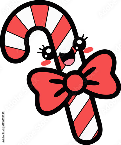 Vector art of adorable candy cane cartoon character, featuring a cute face, a bow, and a cheerful expression, perfect for holidaythemed designs and childrens illustrations