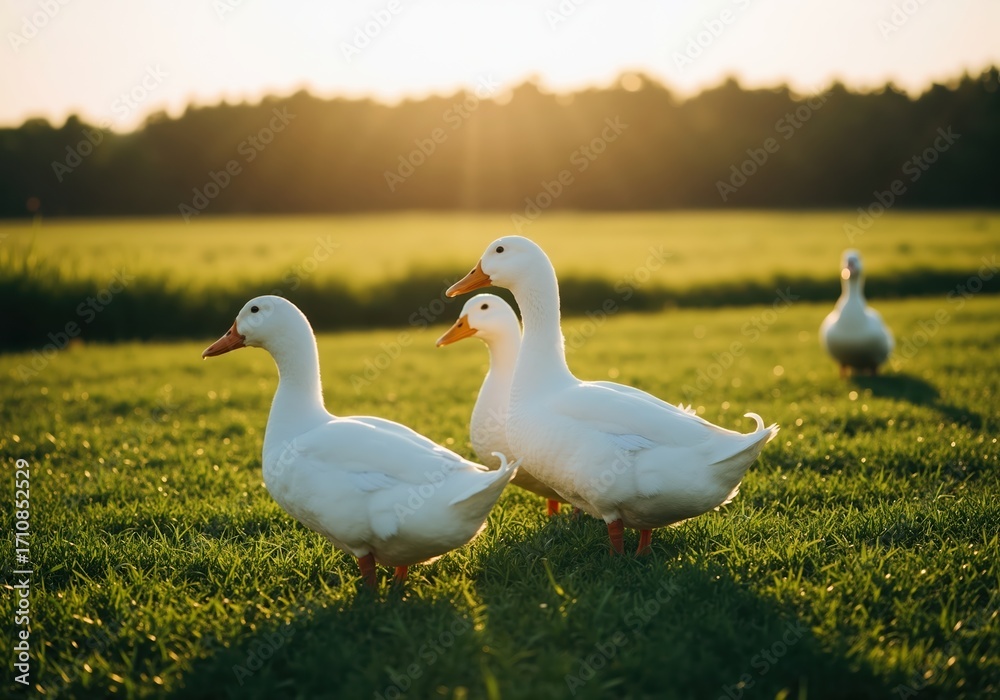 Obraz premium White domestic ducks on a farm in a green field at sunset. Rural countryside scene with poultry during the golden hour