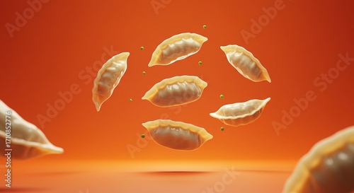 Wallpaper Mural Floating Dumplings:  A Vibrant 3D Render of Delicious Asian Cuisine,  Perfect for Food Blogs, Restaurant Menus, and Packaging Design. Torontodigital.ca