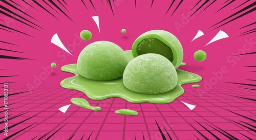 Wallpaper Mural Vibrant Green Matcha Mochi with Melted Filling, Pop Art Style, Sweet and Playful Food Photography Torontodigital.ca