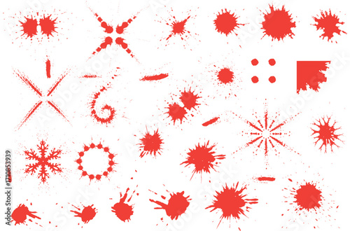 Blood splash Grunge bloody collection. stains, drip drops, smears, and handprints for Halloween, crime scene or horror themed design. Grunge blot, splas for creative backgrounds