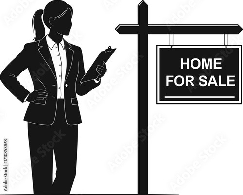 Silhouette female real estate agent with clipboard standing beside home for sale sign, realtor business, property sale, house selling illustration