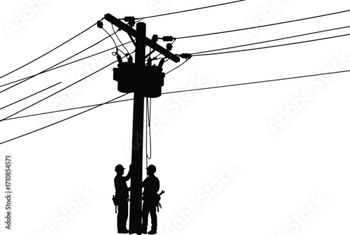 Silhouette of utility workers repairing transformer on power pole, electricity line maintenance, energy service teamwork, electrical grid repair, safety illustration