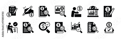 Financial inspecting icon vector set. Contains statement, analysis, check, tax, document, report, checklist, checkmark, evaluation, approved, research, review, survey, accountant - Illustration