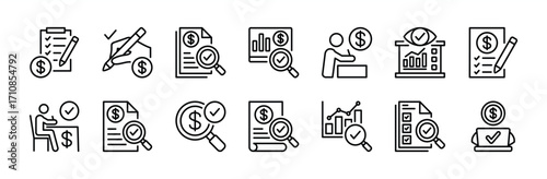 Financial inspecting thin line icon set. Check, statement, checklist, analysis, tax, document, report, checkmark, evaluation, approved, research, review, survey, accountant - vector illustration